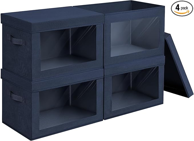 Homsorout Foldable Storage Boxes with Lids - Decorative Storage Boxes with Clear Window, Fabric Storage Baskets for Organizing, Closet Storage for Clothes, Yarn, Home, Navy Blue, 4-Pack