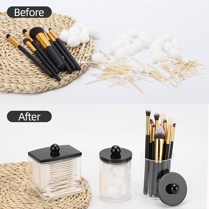 Tbestmax 10oz Cotton Ball Holder Qtips Dispenser, Bathroom Container Organizer for Storage Cotton Swabs, Pads - Apothecary Jar with Black Lids