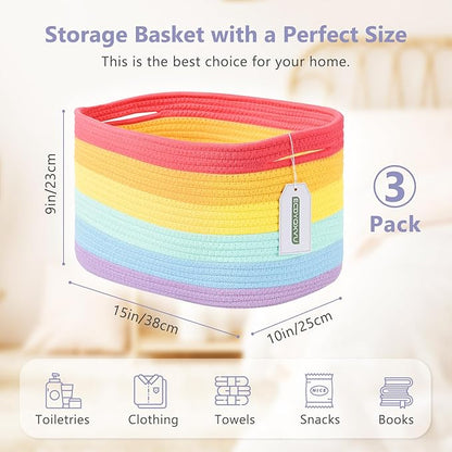 ECDYQXVU Cotton Rope Storage Basket, 15x10x9 Inches, Woven Basket for Shelves, Clothes, Towels, Books, and Laundry, Rainbow (3 Pack)