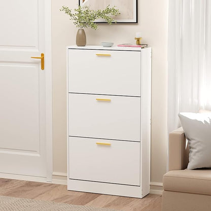 JOZZBY Shoe Cabinet Storage with 3 Flip Drawers for Entryway, White Slim Freestanding Modern Narrow Shoe Organizer Rack Cabinet for Hallway, Living Room, Set of 2