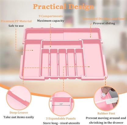 Spaclear Silverware Organizer Expandable Kitchen Utensil Drawer Organizer Large BPA Free Adjustable Cutlery Silverware Tray for Spoons Forks Knives Storage Divider for Kitchen Flatware 6-9 Slots Pink