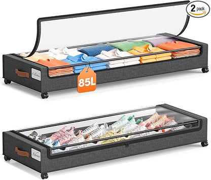 Yecaye 85 L Under Bed Storage with Wheels, 2 Pack Extra Large Under Bed Storage Containers with Metal Frame & Clear Lid, Rolling Underbed Organizer Bins Drawers for Clothes, Shoes, Blankets, Hemp Grey