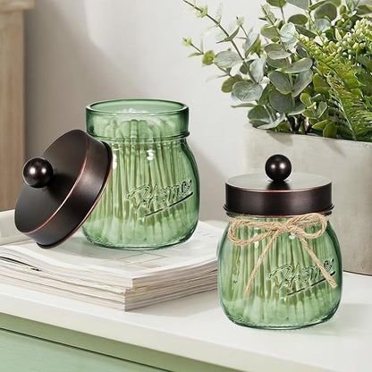 SheeChung Green Glass Qtip Holder Dispenser, Mason Jar Apothecary Jars with Lids, Bathroom Organizers and Storage, Vanity Countertop Canisters Set for Cotton Swab, Ball, Pad, Floss Pick-ORB, 2 Pack