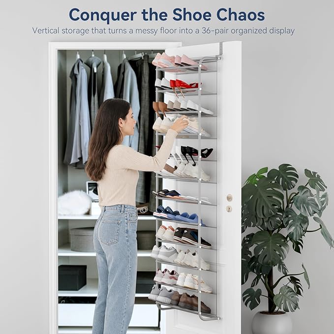 Whitmor 36 Pair Over The Door Shoe Organizer, 12 Tier Hanging Shoe Organizer, Heavy Duty Metal & Mesh Shoe Holder, Hanging Shoe Rack for Closet Organizer & Storage, 74"L x 21.7"W x 7.5"H, Grey