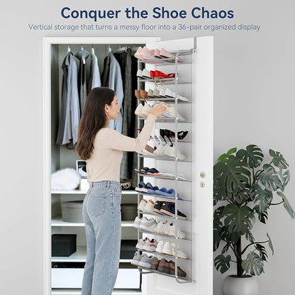 Whitmor 36 Pair Over The Door Shoe Organizer, 12 Tier Hanging Shoe Organizer, Heavy Duty Metal & Mesh Shoe Holder, Hanging Shoe Rack for Closet Organizer & Storage, 74"L x 21.7"W x 7.5"H, Grey