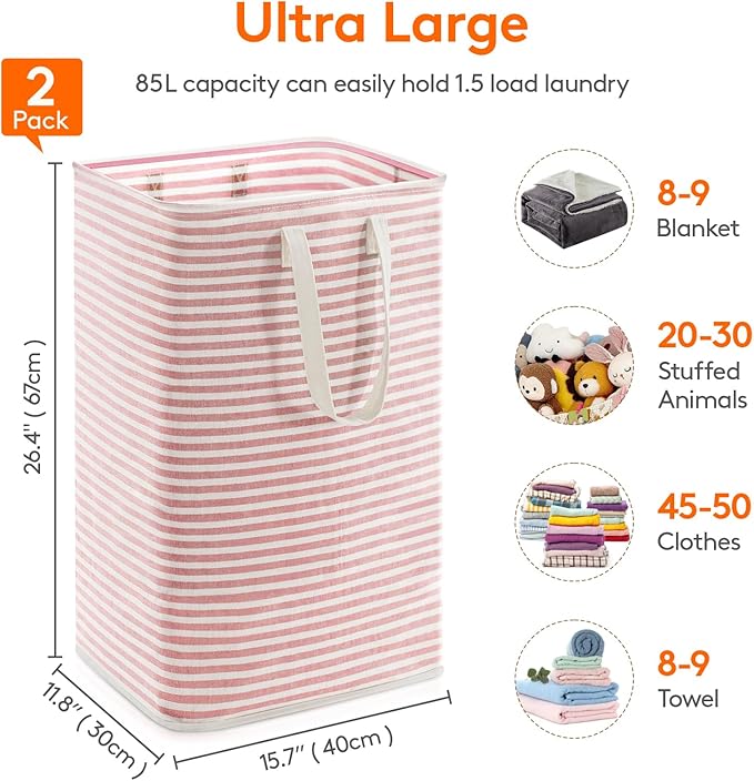 Lifewit 2 Pack Laundry Basket 85L Each, Collapsible Clothes Hamper with Reinforced Handles, Freestanding Waterproof Design for Bedroom and Laundry Room, Grey&Pink 170L Total