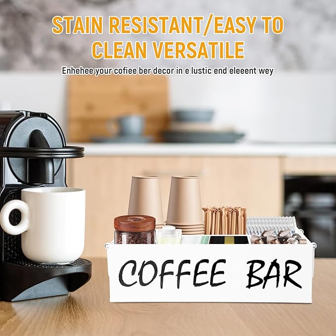 Coffee Station Organizer with Handles, Metal Coffee Bar Accessories Organizer for Countertop, Pod Holder Basket for Sugar Tea - White Table Decor