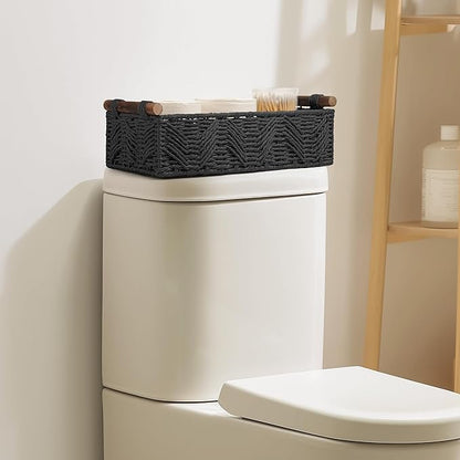 Bathroom Baskets for Organizing with Handle Decorative Basket for Bathroom Countertop Storage Toilet Paper Storage Basket for Toilet Tank Top Small Baskets Set,Black