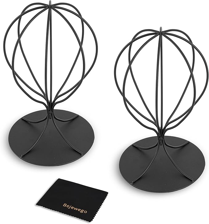 Black Hat Display Stand - Set of 2 Stylish Women Closet Hat Rack - Sturdy Metal Hat and Wig Holder - Stable Base, Matte Black Finish - Modern Free Standing Table Fedora or Baseball Cap Form