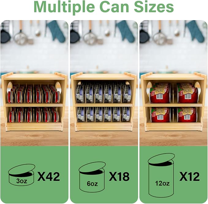Wood Cat Can Organizer for Pantry, 2 Tier Stackable Can Storage Rack for Kitchen Counter And Cabinet Cat Food Storage Container Holds 36 (3oz) Cans FIFO Design