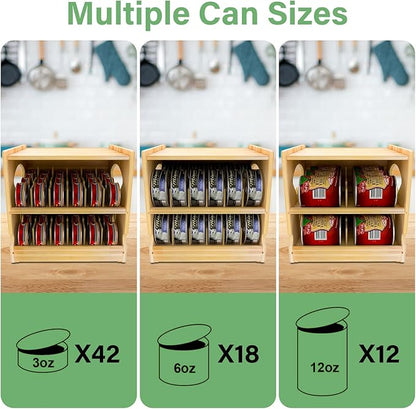 Wood Cat Can Organizer for Pantry, 2 Tier Stackable Can Storage Rack for Kitchen Counter And Cabinet Cat Food Storage Container Holds 36 (3oz) Cans FIFO Design