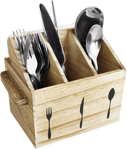 Ikee Design Rustic Elegant Wooden Flatware Organizer Caddy, Oak Color, 7'W x 5.5'D x 6.63'H