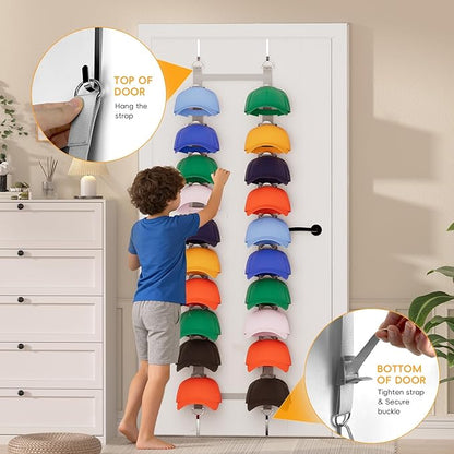 Over the Door Hat Organizer, Adjustable Hat Rack for Door with 20 Clips on 2 Straps Holds 40 Caps, No-Drill Hat Organizer for Baseball Caps, Fits Bedroom Closet Door (Gray)