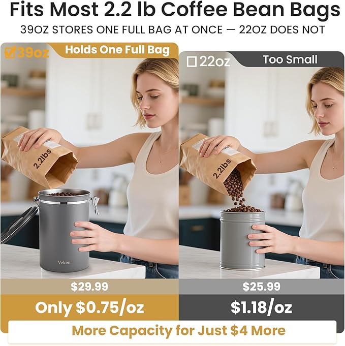 Veken Coffee Canister, 39OZ Large, Airtight Stainless Steel Food Storage Container for 2.2lbs Coffee Beans,Ground,Sugar,Espresso,Rice,Tea,Flour,Pod Baskets,Kitchen Bar Accessories,Lids,Jars,Gifts,Gray