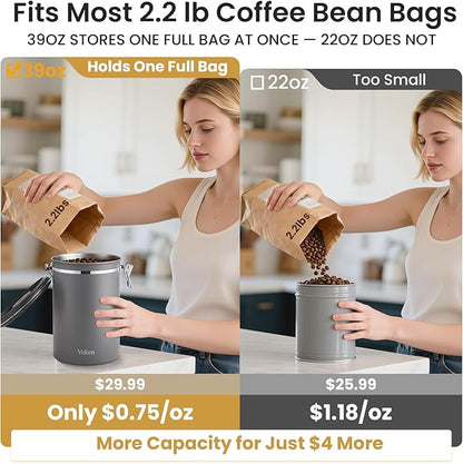 Veken Coffee Canister, 39OZ Large, Airtight Stainless Steel Food Storage Container for 2.2lbs Coffee Beans,Ground,Sugar,Espresso,Rice,Tea,Flour,Pod Baskets,Kitchen Bar Accessories,Lids,Jars,Gifts,Gray