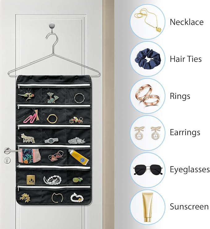 Bloss Hanging Jewelry Organizer, Black Earring Travel Storage Holder with 36 Zippered Pockets for Suitcase, Closet, Foldable Roll Case