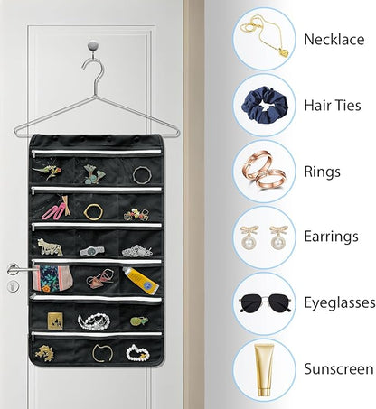 Bloss Hanging Jewelry Organizer, Black Earring Travel Storage Holder with 36 Zippered Pockets for Suitcase, Closet, Foldable Roll Case