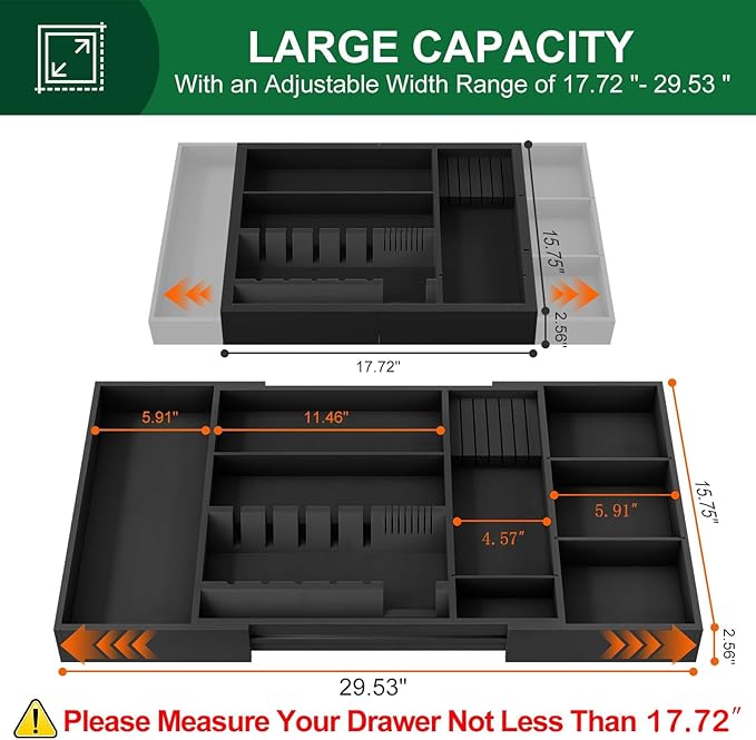 Bamboo Silverware Drawer Organizer, 17.72-29.53 Inch Expandable Large Kitchen Drawer Organizer, 5-8 Slot Flatware with Removable Card Slots & Knife Block for Spoon Butter Knive, Black