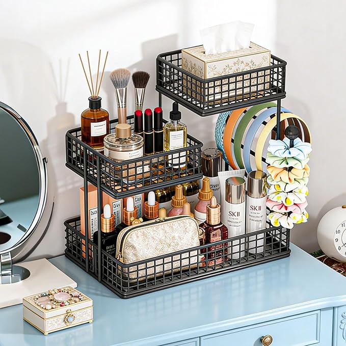 AMANKA 3-Tier Metal Cosmetic Organizer,Cosmetic storage rack for vanity tables,Multipurpose Metal Bathroom Organizers and Storage, Use Countertop Organizer for perfume/makeup/Vegetables (BLACK 2)