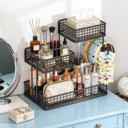AMANKA 3-Tier Metal Cosmetic Organizer,Cosmetic storage rack for vanity tables,Multipurpose Metal Bathroom Organizers and Storage, Use Countertop Organizer for perfume/makeup/Vegetables (BLACK 2)