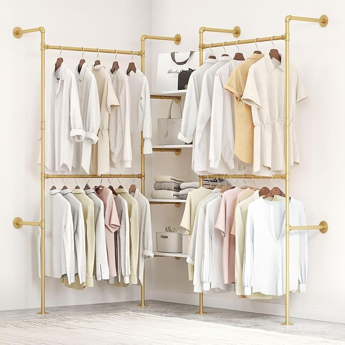 Industrial Pipe Clothing Rack, Heavy Duty Adjustable Garment Hanger with Shelves, 2 Installation Methods Closet Storage System for Wardrobe Organization (Gold, 80" H x 86" W)