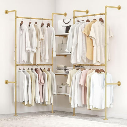 Industrial Pipe Clothing Rack, Heavy Duty Adjustable Garment Hanger with Shelves, 2 Installation Methods Closet Storage System for Wardrobe Organization (Gold, 80" H x 86" W)