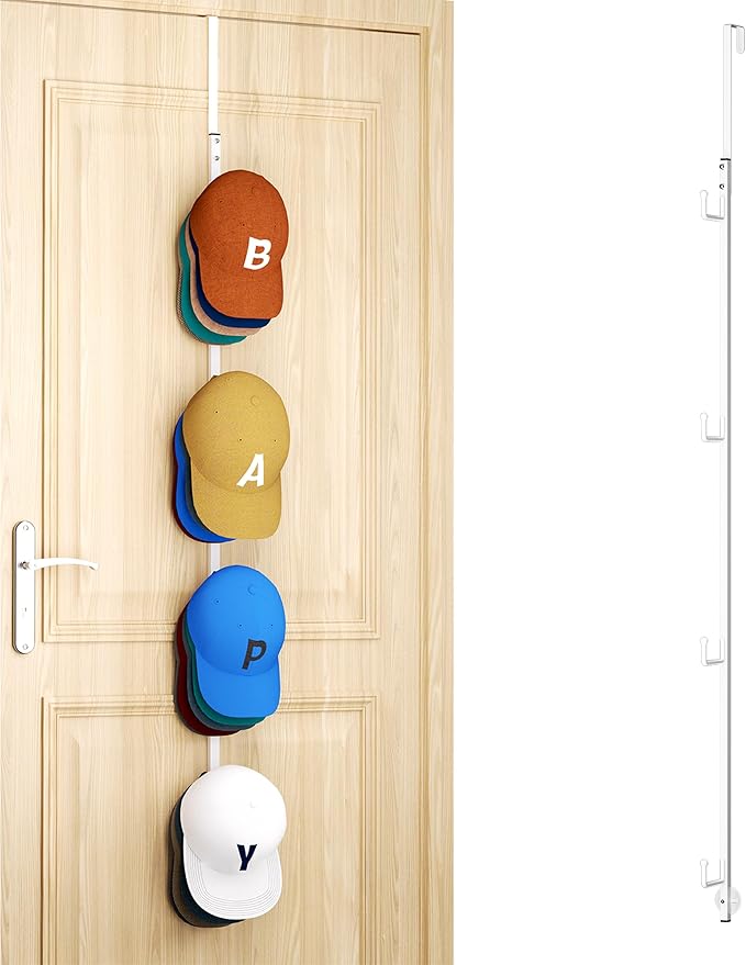 HapiRm Over Door Hat Rack - Hat Organizer with 4 Hooks Design, Hanging Baseball Cap Organizer Storage Holds Up to 20 Caps for Door, Bedroom, Closet(White)