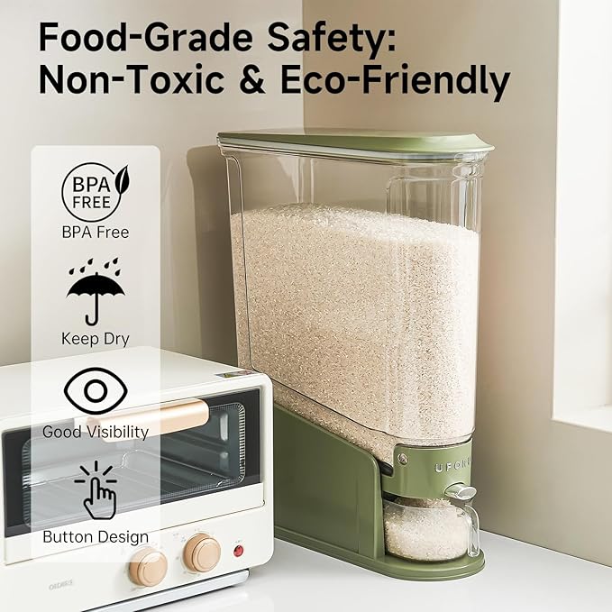 UFORU Rice Dispenser 22Lbs, Slim Rice Storage Container for Small Space, BPA-Free Clear Dry Food Dispenser Sealed Moisture Proof, Grain&Cereal Storage Bucket for Kitchen Pantry Household, Green 22Lbs
