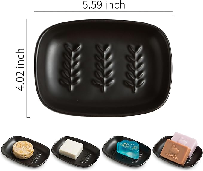 Soap Dish Soap Holder Shower, Ceramic Soap Dishes for Large Bar Soap Sponge, Shower Soap Dish Soap Saver Tray for Bathroom Kitchen Sink, Elegant Raised Leaf Design, Easy Dishwasher Cleaning, Black