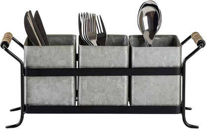 Silverware Caddy for Party Kitchen Flatware Holder for Countertop Farmhouse Galvanized Cutlery Organizer with 3 Compartments for Utensils, Spoons, Knives, Forks, Cups