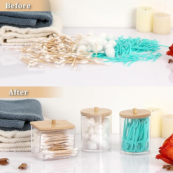 Hipiwe 3 Pack Acrylic Bathroom Apothecary Jar Clear Qtip Holder Dispenser with Lid Plastic Canister Set Bathroom Accessories Storage Organizer for Cotton Round Floss Picks