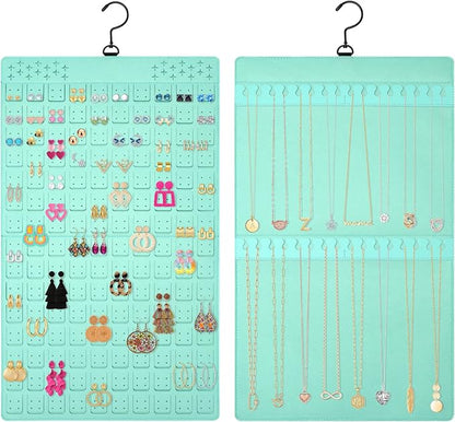 Dual Sided Hanging Jewelry Organizer with Hanger for Closet,Tangle Free Felt Necklace Earring Holder for 300 Earrings & 30 Necklaces Over Door University Dorm, Gift Ready Blue (1 Pack)