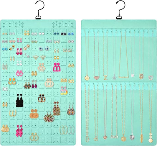 Dual Sided Hanging Jewelry Organizer with Hanger for Closet,Tangle Free Felt Necklace Earring Holder for 300 Earrings & 30 Necklaces Over Door University Dorm, Gift Ready Blue (1 Pack)