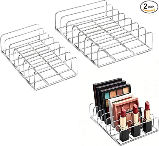 Makeup Palette Organizer, 2 Pack Clear Acrylic Eyeshadow Palette Organizer, 7-Slot Storage for Drawer, Vanity & Countertop, Dual Sizes for Palettes, Blush & Contour