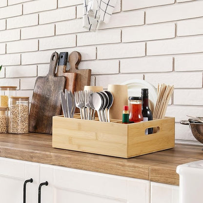 Bamboo Utensil Holder for Party, 6-Compartment Paper Plate and Silverware Organizer with Handles, Utensil Caddy for Parties, Outdoor Gatherings, and Kitchen Countertop Organization