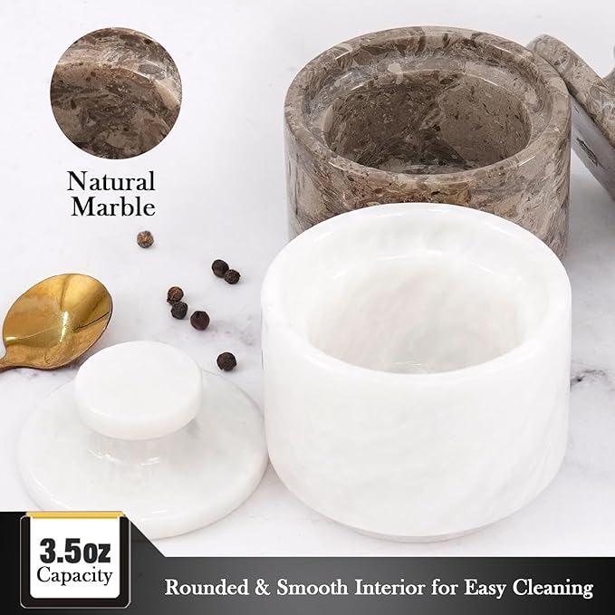 MARBLOUS KRAFTS Marble Salt Cellar with Lid 3" White and Oceanic Celtic Salt & Pepper Containers, Perfect for Home & Kitchen, Salt & Sugar Bowls, Spring Table Decor, Gift for Mom