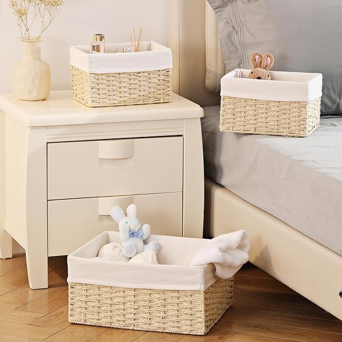 Vagusicc Wicker Basket, Set of 3 Hand-woven Storage Baskets for Organizing, Decorative Bathroom Wicker Storage Basket Bins with Handles, Small Toilet Paper Storage Baskets for Shelves & Decor, Beige