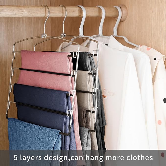 FeeraHozer Pants Hangers Non Slip 6 Pack Space Saving Hangers Multi-Layer Swing Arm Pants Hanger Stainless Steel Space Saver Hanger for Jeans Scarf Trouser Towel Clothes (Black)