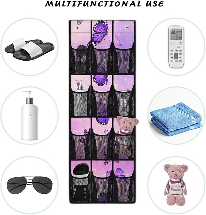 Butterfly Behind Door Organizer 12 Pockets Violet Door Hanging Shoe Organizer Space Saving Multi-Funtion Storage Bag Large Capacity Wall Hanging Storage
