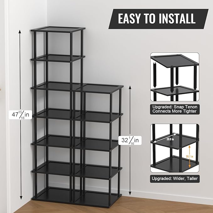 MHXW SXPN Bamboo Free Standing Shoe Rack Shelf Multi Tier Tall Wooden Stackable Shoes Rack Organizer for Closet Front Door Entrance Narrow Vertical Shoe Storage (Black, 12 Tiers)