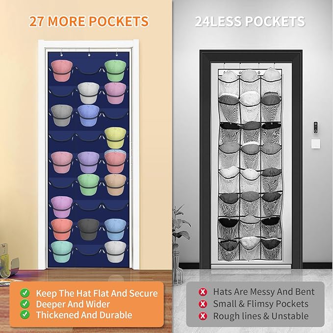 Hat Rack for Baseball Caps, 27 Pockets Over The Door Baseball Hat Organizer, Hat Storage for Closet Wall Mount Bag With Large Pockets & 3 Hooks, Hat Holder Hanger Organization to Display Caps