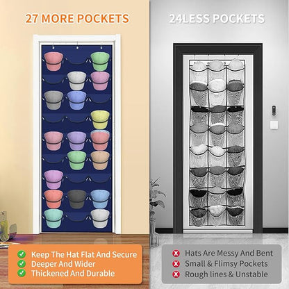 Hat Rack for Baseball Caps, 27 Pockets Over The Door Baseball Hat Organizer, Hat Storage for Closet Wall Mount Bag With Large Pockets & 3 Hooks, Hat Holder Hanger Organization to Display Caps