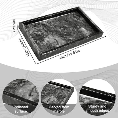 Pure Natural Marble Tray for Bathroom, Dresser, Sink. Cosmetics, toiletries, perfumes, Jewelry, Candles, etc. can be Placed (Ocean Wave Gray, 12" x 8" x 1.2")