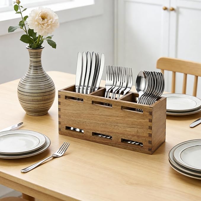 Farmhouse Wooden Silverware Utensil Caddy Cutlery Holder Small Acacia Wood Utensil Holders Organizer for Kitchen Count Party Fork Spoon Storage Organizer Table Silverware Holder Flatware Caddy Basket