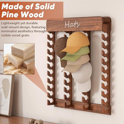 lesolar Wooden Hat Rack for Baseball Caps - Hat Rack for Wall with 40-Slot Display, Farmhouse Hat Holder for Men & Women, Hat Wall Storage for Caps, Western Hats, and More (29.5" x 29.5")