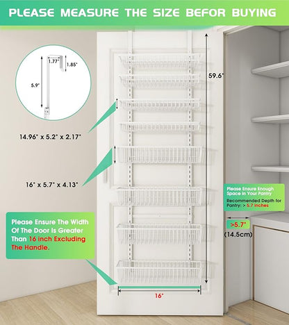 Mefirt Over The Door Pantry Organizer, Pantry Organization and Storage, 8-Tier Deep Baskets Hanging Heavy-Duty Metal, Wall Spice Rack Seasoning Shelves for Home & Kitchen, Laundry Room Bathroom, White