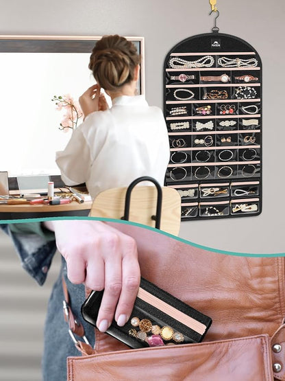 MATEIN Hanging Jewelry Organizer with Removable Zipper Jewelry Pouches, Tangle-Free Necklace Hanger for Closet with Metal Hook, Over the Door Earring Storage Bracelet Ring Holder