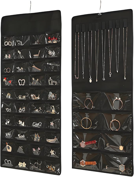 48 Pockets Hanging Jewelry Organizer with Necklace Straps, Double-Sided Black Closet Jewelry Holder for Space-Saving Storage of Earrings, Bracelets & Necklaces