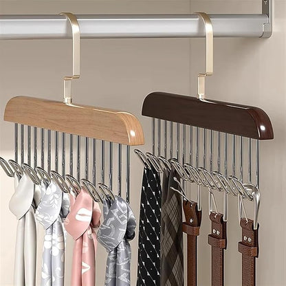 4 Pack Tie Rack Hanger with 8 Metal Hooks, Space Saving Necktie Organizer for Men – Large Capacity Tie and Belt Wooden Hanger for Closet (Brown)