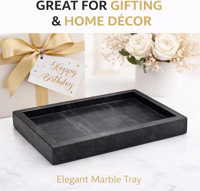 Natural Black Marble Tray for Bathroom | Kitchen | Vanity | Desktop, Stone Organizer for Coffee Table, Dresser, Nightstand, Candles, Soap, Towel, Plant, Jewelry (10" x 6"), Rectangular